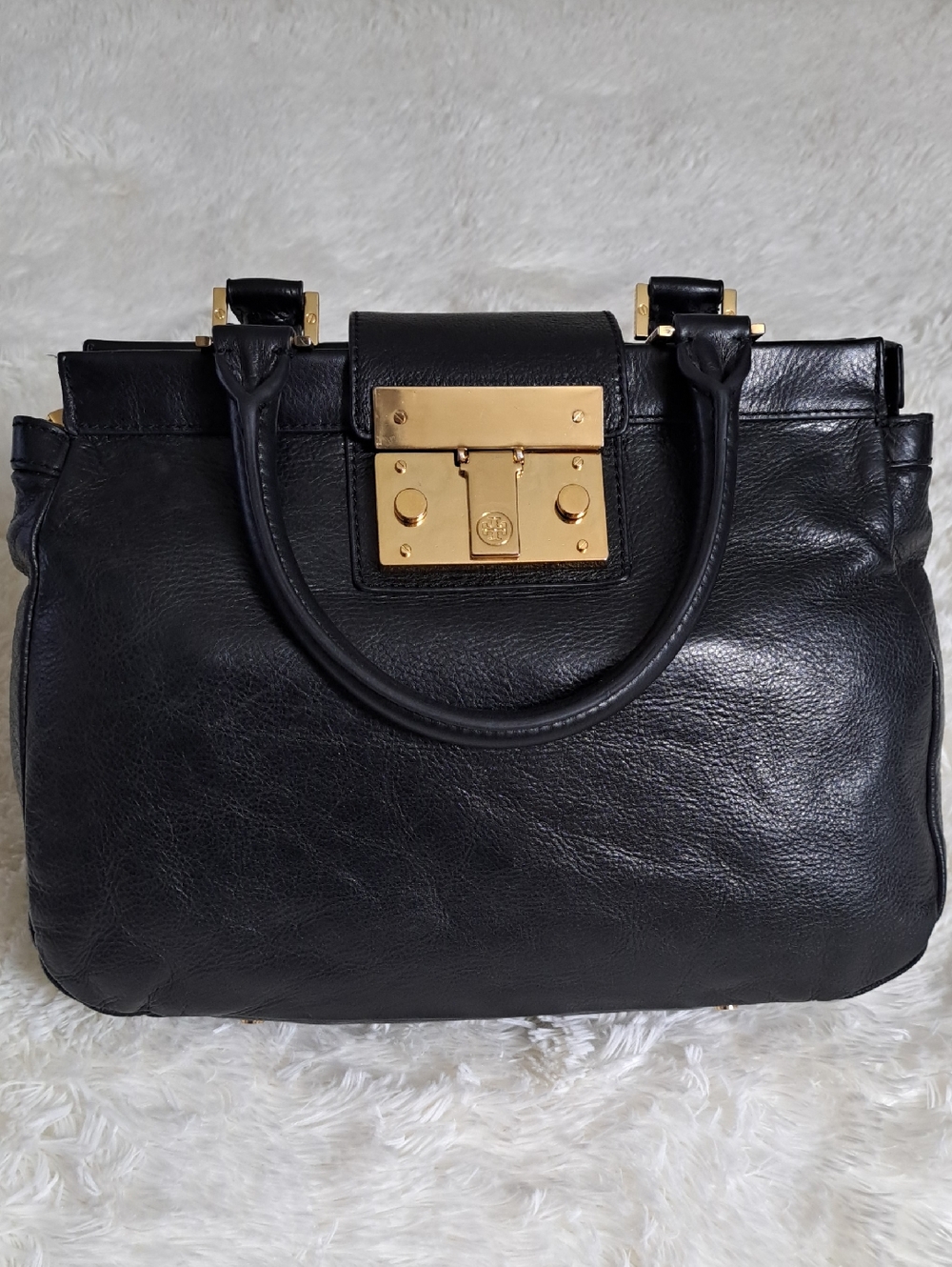 Tory Burch Holland Black Pebbled Leather Satchel Gold Hardware
